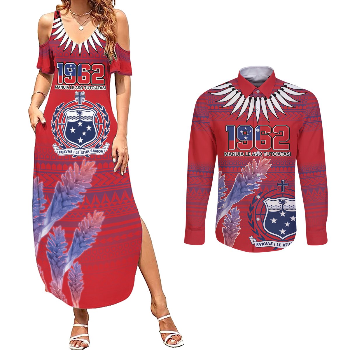 Custom Samoa 1962 Independence Day Custom Couples Matching Summer Maxi Dress and Long Sleeve Button Shirt Manuia le Aso Tuto'atasi Ula Nifo Red Art LT9 Red - Polynesian Pride