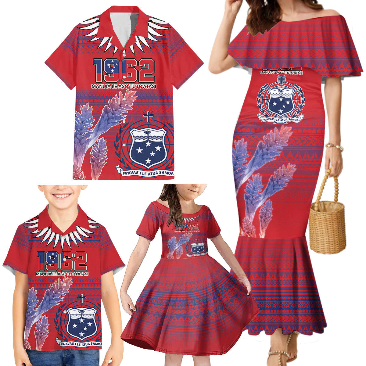 Custom Samoa 1962 Independence Day Custom Family Matching Mermaid Dress and Hawaiian Shirt Manuia le Aso Tuto'atasi Ula Nifo Red Art LT9 - Polynesian Pride
