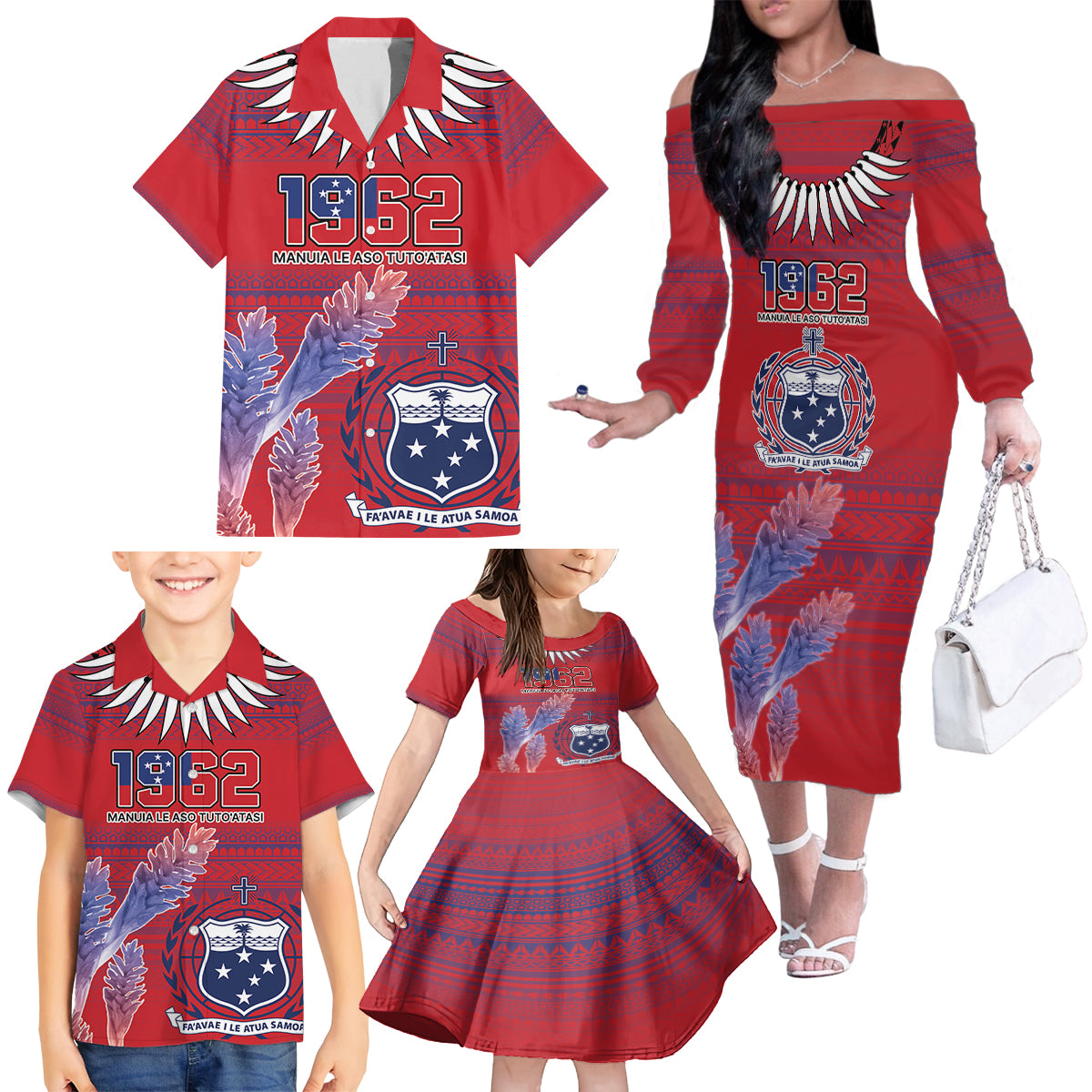 Custom Samoa 1962 Independence Day Custom Family Matching Off The Shoulder Long Sleeve Dress and Hawaiian Shirt Manuia le Aso Tuto'atasi Ula Nifo Red Art LT9 - Polynesian Pride