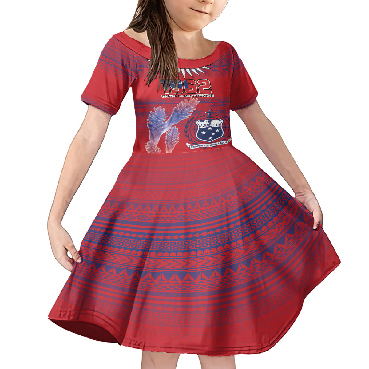 Custom Samoa 1962 Independence Day Custom Family Matching Off Shoulder Maxi Dress and Hawaiian Shirt Manuia le Aso Tuto'atasi Ula Nifo Red Art LT9 Daughter's Dress Red - Polynesian Pride