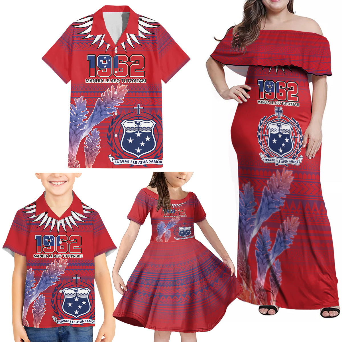 Custom Samoa 1962 Independence Day Custom Family Matching Off Shoulder Maxi Dress and Hawaiian Shirt Manuia le Aso Tuto'atasi Ula Nifo Red Art LT9 - Polynesian Pride