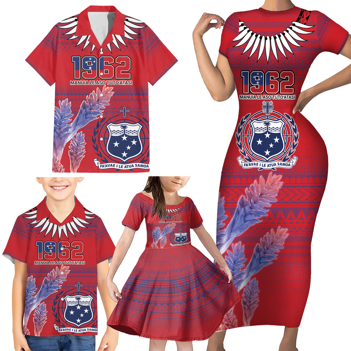Custom Samoa 1962 Independence Day Custom Family Matching Short Sleeve Bodycon Dress and Hawaiian Shirt Manuia le Aso Tuto'atasi Ula Nifo Red Art LT9 - Polynesian Pride