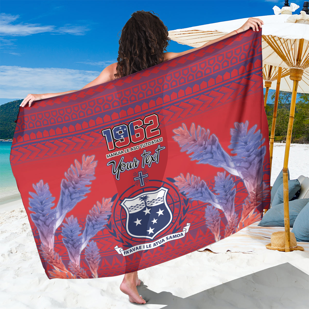 Custom Samoa 1962 Independence Day Custom Sarong Manuia le Aso Tuto'atasi Ula Nifo Red Art LT9 One Size 44 x 66 inches Red - Polynesian Pride