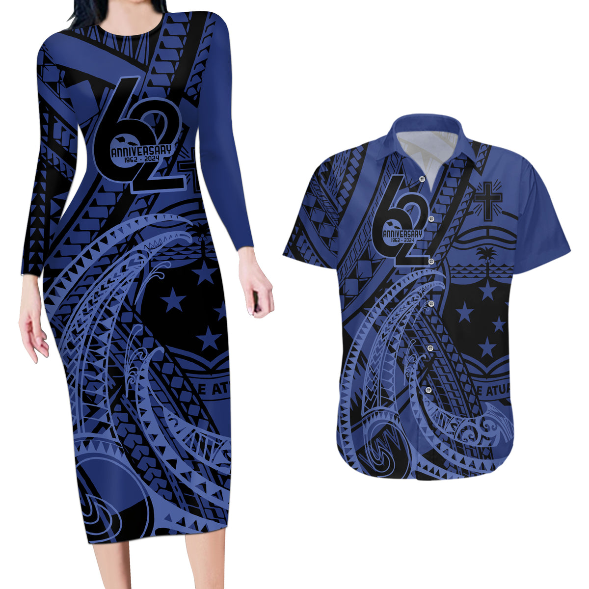 Custom Samoa 62nd Manuia le Aso Tuto'atasi Couples Matching Long Sleeve Bodycon Dress and Hawaiian Shirt Samoan Tatau Blue Art LT9 Blue - Polynesian Pride