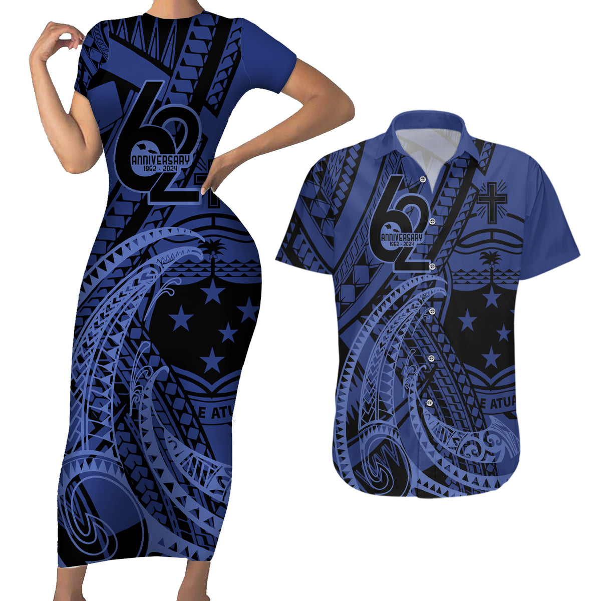 Custom Samoa 62nd Manuia le Aso Tuto'atasi Couples Matching Short Sleeve Bodycon Dress and Hawaiian Shirt Samoan Tatau Blue Art LT9 Blue - Polynesian Pride