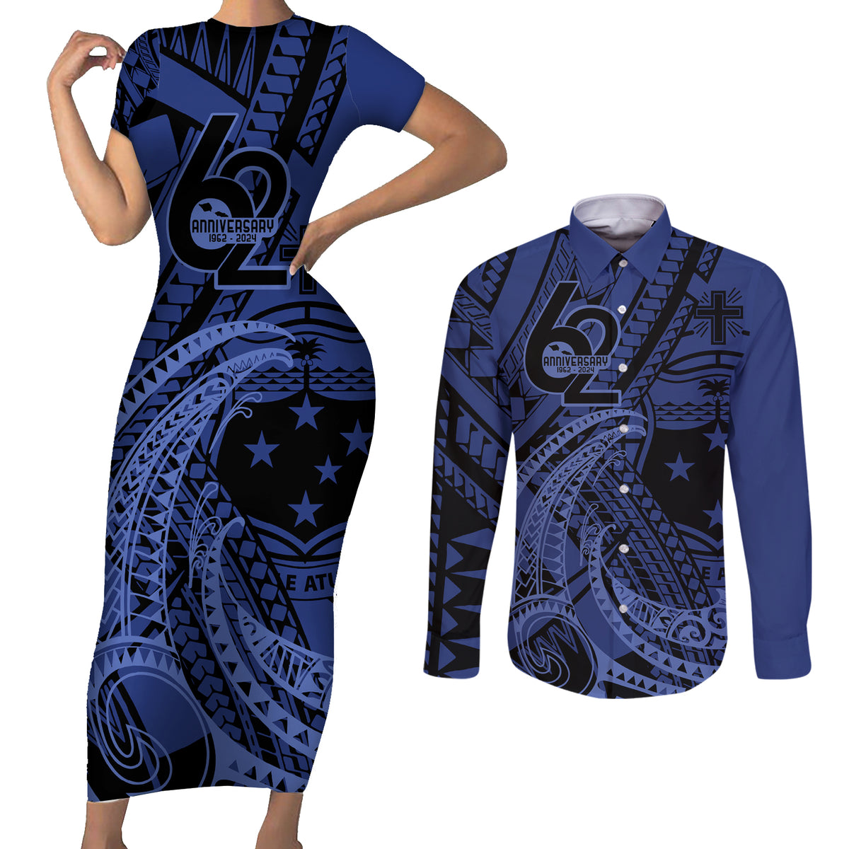 Custom Samoa 62nd Manuia le Aso Tuto'atasi Couples Matching Short Sleeve Bodycon Dress and Long Sleeve Button Shirt Samoan Tatau Blue Art LT9 Blue - Polynesian Pride