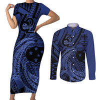 Custom Samoa 62nd Manuia le Aso Tuto'atasi Couples Matching Short Sleeve Bodycon Dress and Long Sleeve Button Shirt Samoan Tatau Blue Art LT9 Blue - Polynesian Pride