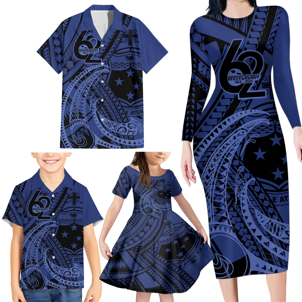Custom Samoa 62nd Manuia le Aso Tuto'atasi Family Matching Long Sleeve Bodycon Dress and Hawaiian Shirt Samoan Tatau Blue Art LT9 - Polynesian Pride