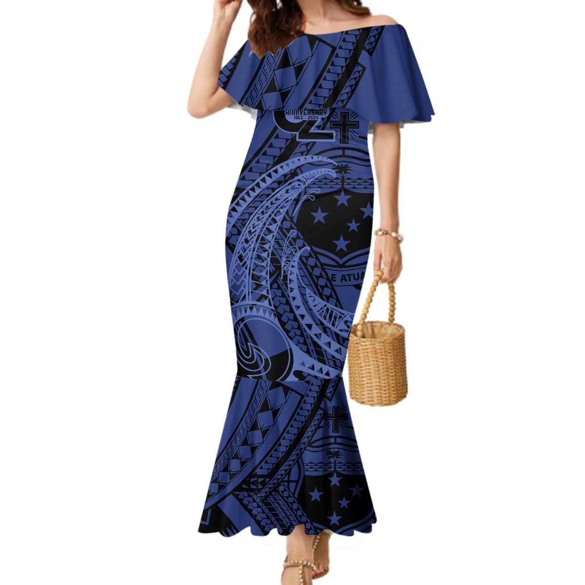 Custom Samoa 62nd Manuia le Aso Tuto'atasi Family Matching Mermaid Dress and Hawaiian Shirt Samoan Tatau Blue Art LT9 Mom's Dress Blue - Polynesian Pride