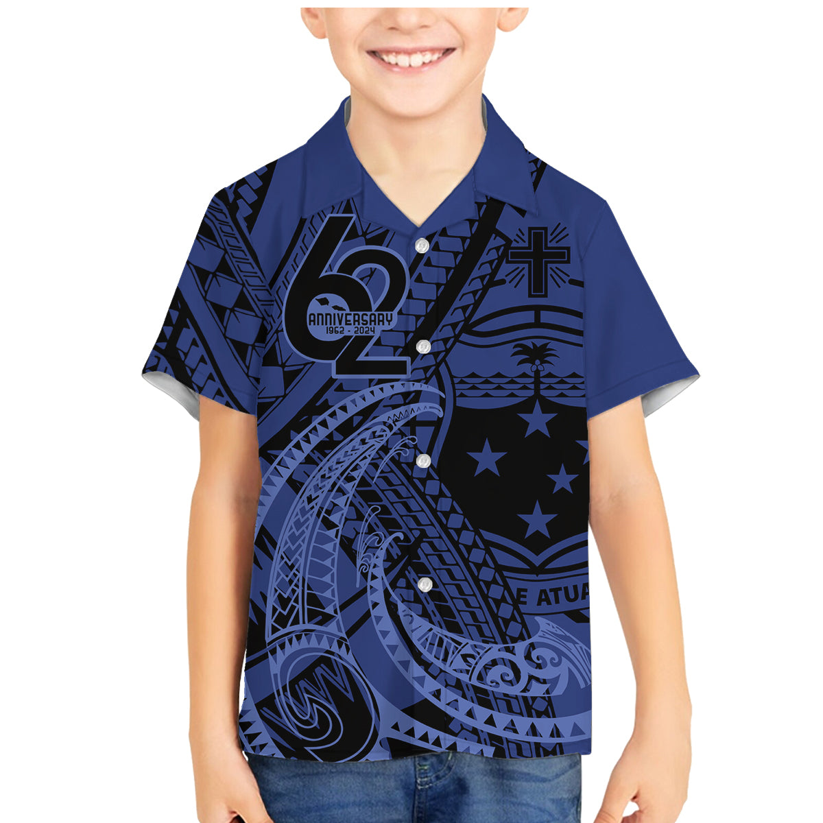 Custom Samoa 62nd Manuia le Aso Tuto'atasi Family Matching Mermaid Dress and Hawaiian Shirt Samoan Tatau Blue Art LT9 Son's Shirt Blue - Polynesian Pride