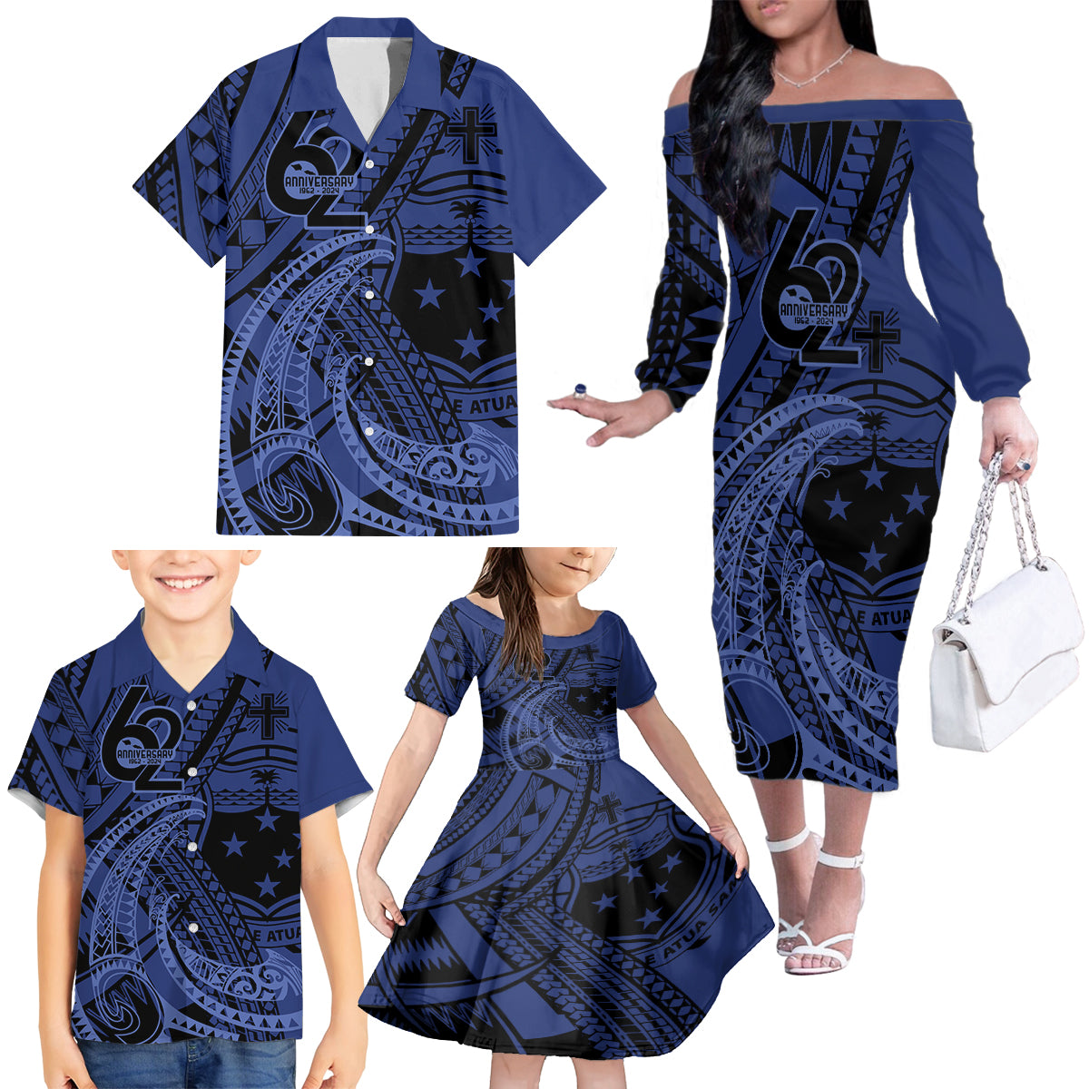 Custom Samoa 62nd Manuia le Aso Tuto'atasi Family Matching Off The Shoulder Long Sleeve Dress and Hawaiian Shirt Samoan Tatau Blue Art LT9 - Polynesian Pride