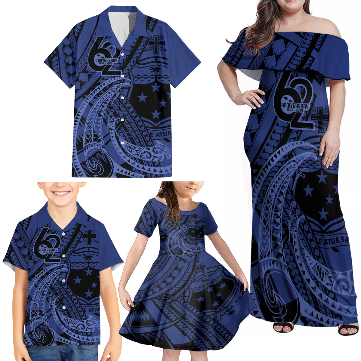 Custom Samoa 62nd Manuia le Aso Tuto'atasi Family Matching Off Shoulder Maxi Dress and Hawaiian Shirt Samoan Tatau Blue Art LT9 - Polynesian Pride