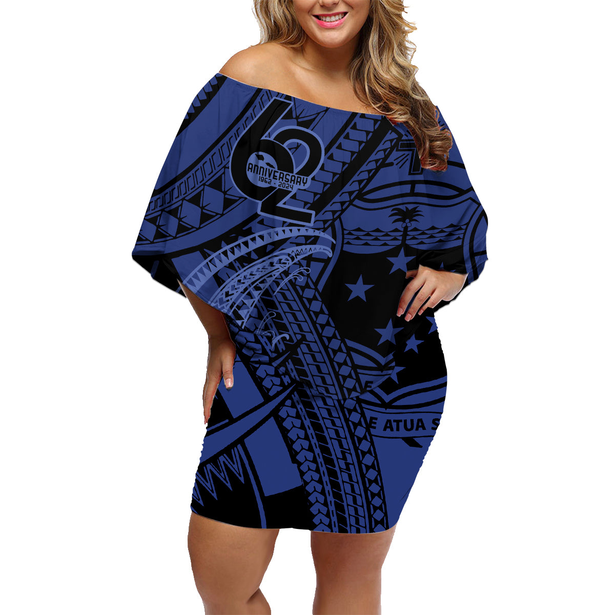 Custom Samoa 62nd Manuia le Aso Tuto'atasi Family Matching Off Shoulder Short Dress and Hawaiian Shirt Samoan Tatau Blue Art LT9 Mom's Dress Blue - Polynesian Pride