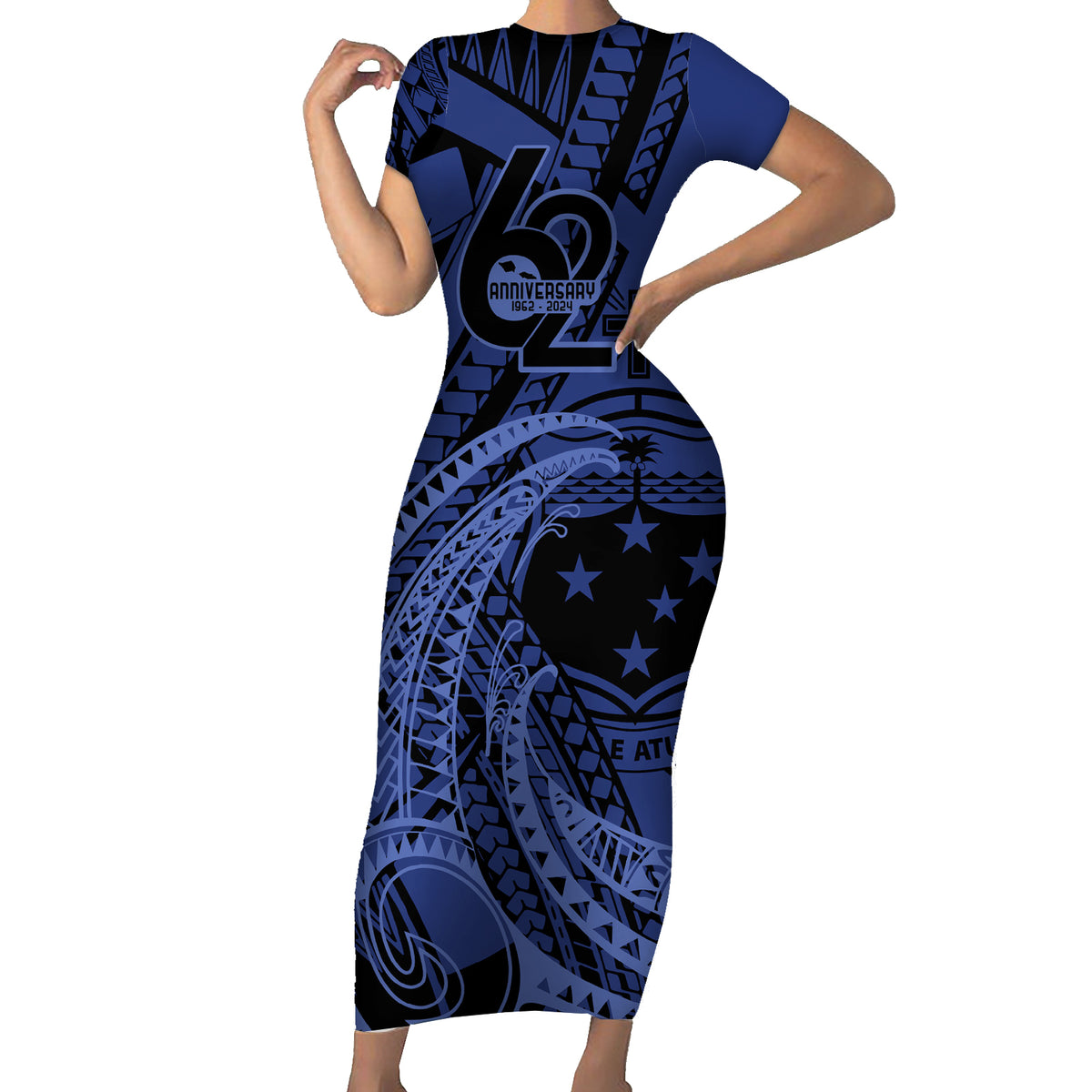 Custom Samoa 62nd Manuia le Aso Tuto'atasi Family Matching Short Sleeve Bodycon Dress and Hawaiian Shirt Samoan Tatau Blue Art LT9 Mom's Dress Blue - Polynesian Pride