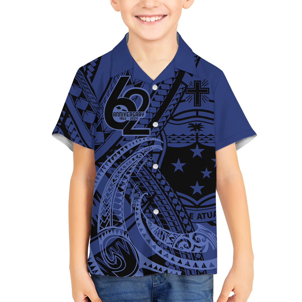 Custom Samoa 62nd Manuia le Aso Tuto'atasi Family Matching Summer Maxi Dress and Hawaiian Shirt Samoan Tatau Blue Art LT9 Son's Shirt Blue - Polynesian Pride