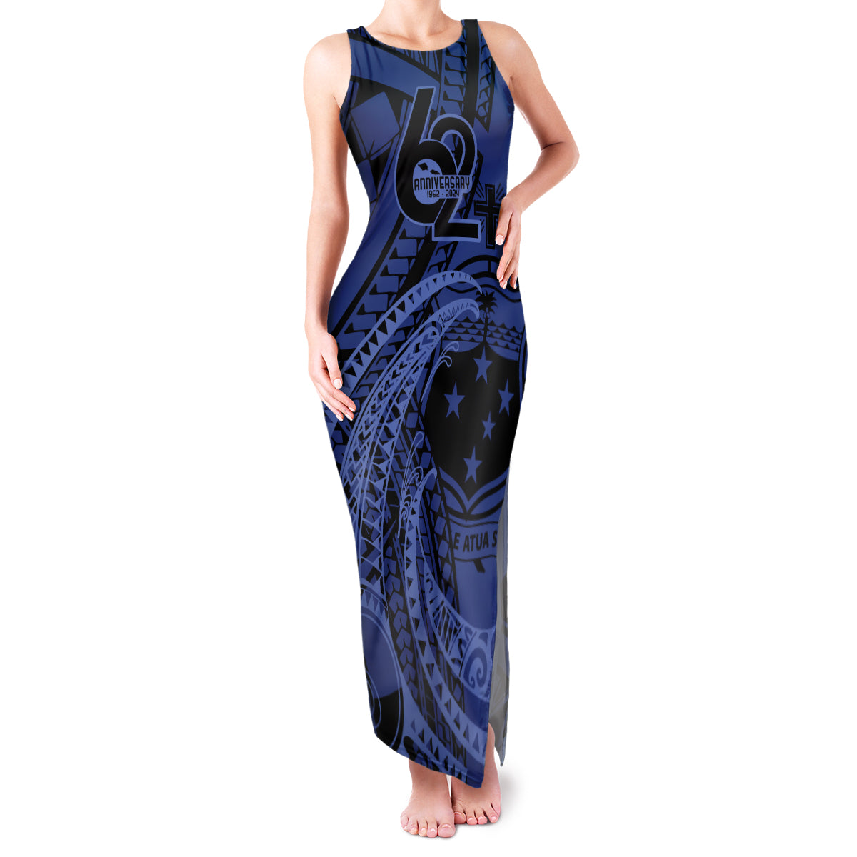 Custom Samoa 62nd Manuia le Aso Tuto'atasi Family Matching Tank Maxi Dress and Hawaiian Shirt Samoan Tatau Blue Art LT9 Mom's Dress Blue - Polynesian Pride