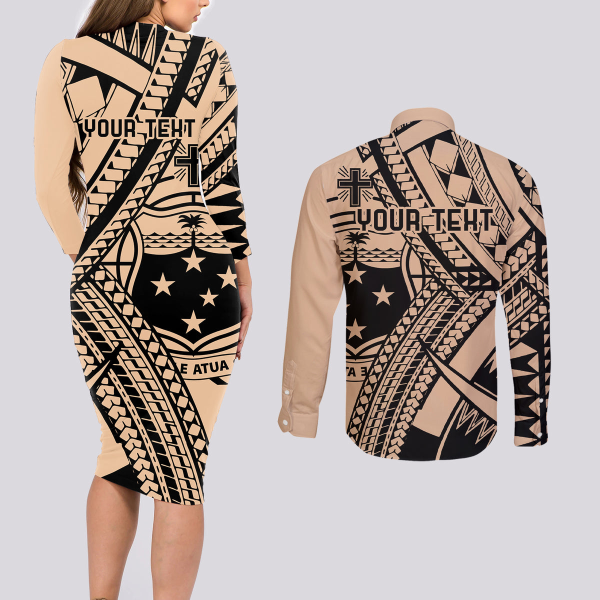 Custom Samoa Manuia le 62 Tausaga O le Tutoatasi Couples Matching Long Sleeve Bodycon Dress and Long Sleeve Button Shirt Samoan Tatau Beige Art LT9 - Polynesian Pride