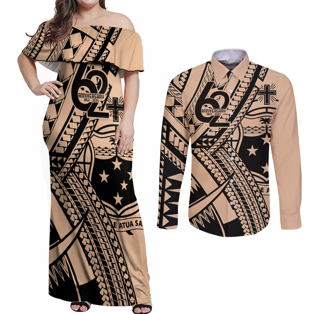 Custom Samoa Manuia le 62 Tausaga O le Tutoatasi Couples Matching Off Shoulder Maxi Dress and Long Sleeve Button Shirt Samoan Tatau Beige Art LT9 Beige - Polynesian Pride
