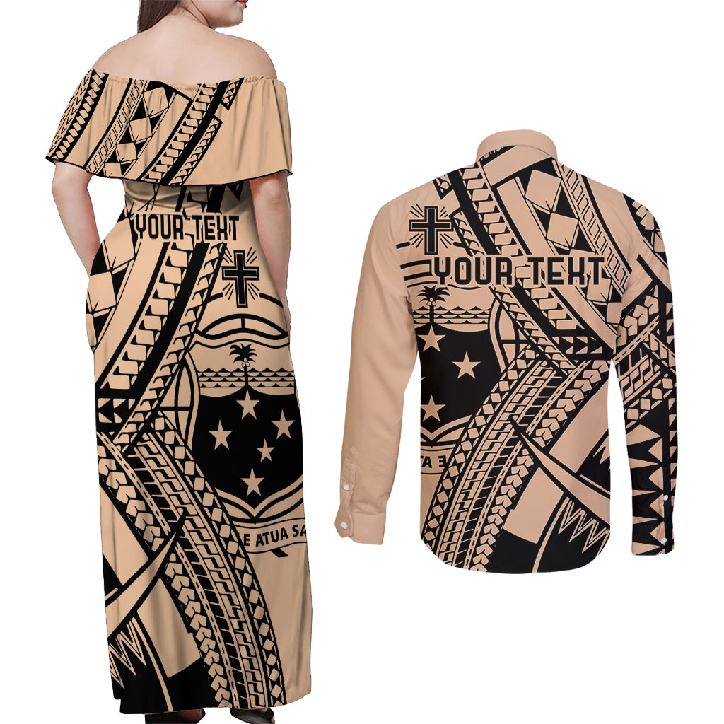 Custom Samoa Manuia le 62 Tausaga O le Tutoatasi Couples Matching Off Shoulder Maxi Dress and Long Sleeve Button Shirt Samoan Tatau Beige Art LT9 - Polynesian Pride