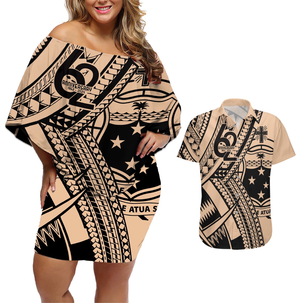 Custom Samoa Manuia le 62 Tausaga O le Tutoatasi Couples Matching Off Shoulder Short Dress and Hawaiian Shirt Samoan Tatau Beige Art LT9 Beige - Polynesian Pride