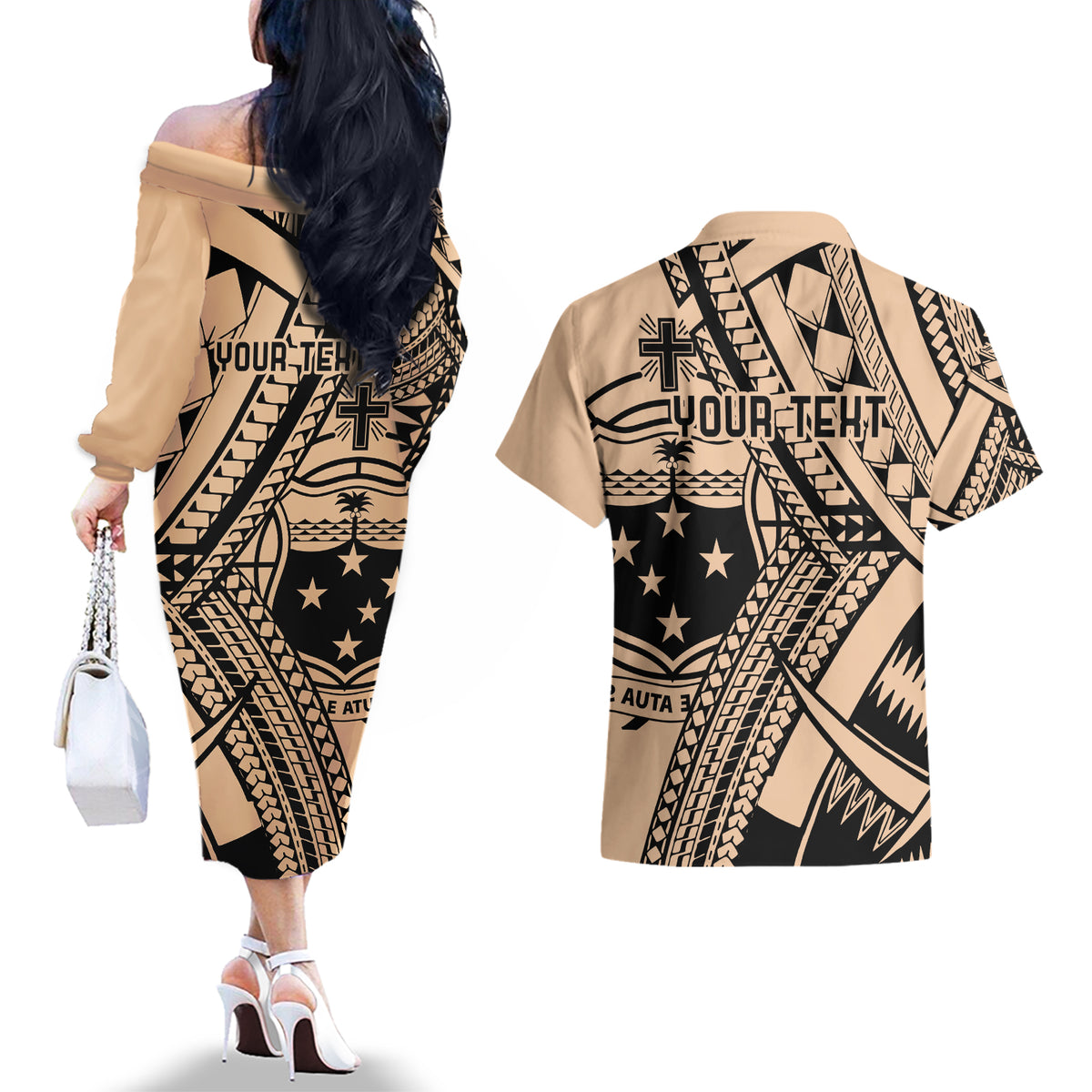 Custom Samoa Manuia le 62 Tausaga O le Tutoatasi Couples Matching Off The Shoulder Long Sleeve Dress and Hawaiian Shirt Samoan Tatau Beige Art LT9 - Polynesian Pride
