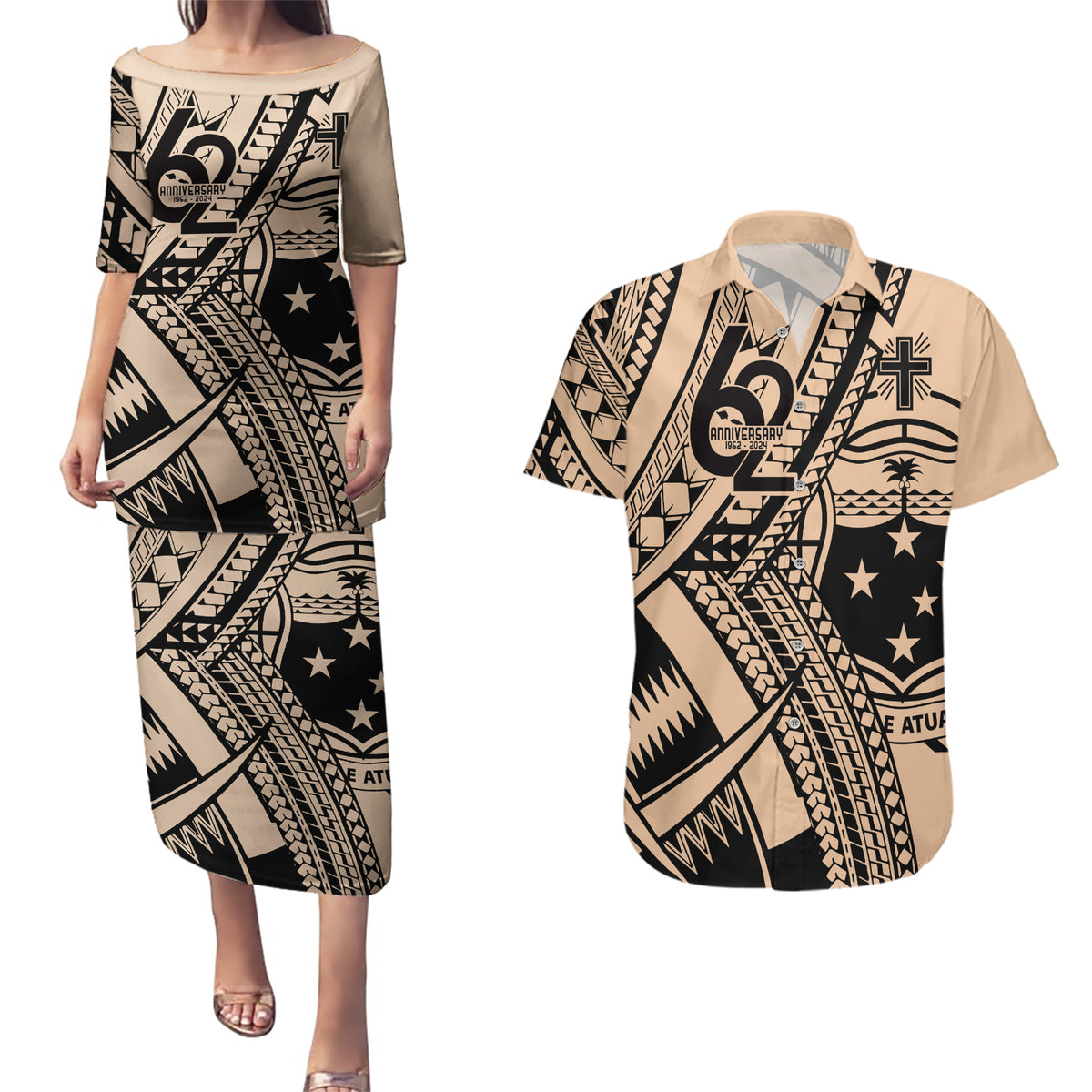 Custom Samoa Manuia le 62 Tausaga O le Tutoatasi Couples Matching Puletasi and Hawaiian Shirt Samoan Tatau Beige Art LT9 Beige - Polynesian Pride