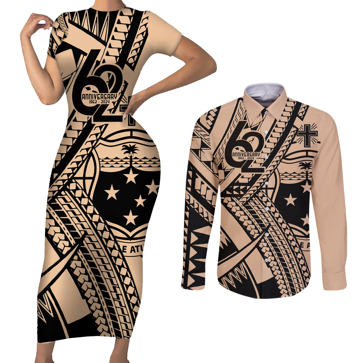 Custom Samoa Manuia le 62 Tausaga O le Tutoatasi Couples Matching Short Sleeve Bodycon Dress and Long Sleeve Button Shirt Samoan Tatau Beige Art LT9 Beige - Polynesian Pride