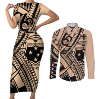 Custom Samoa Manuia le 62 Tausaga O le Tutoatasi Couples Matching Short Sleeve Bodycon Dress and Long Sleeve Button Shirt Samoan Tatau Beige Art LT9 Beige - Polynesian Pride