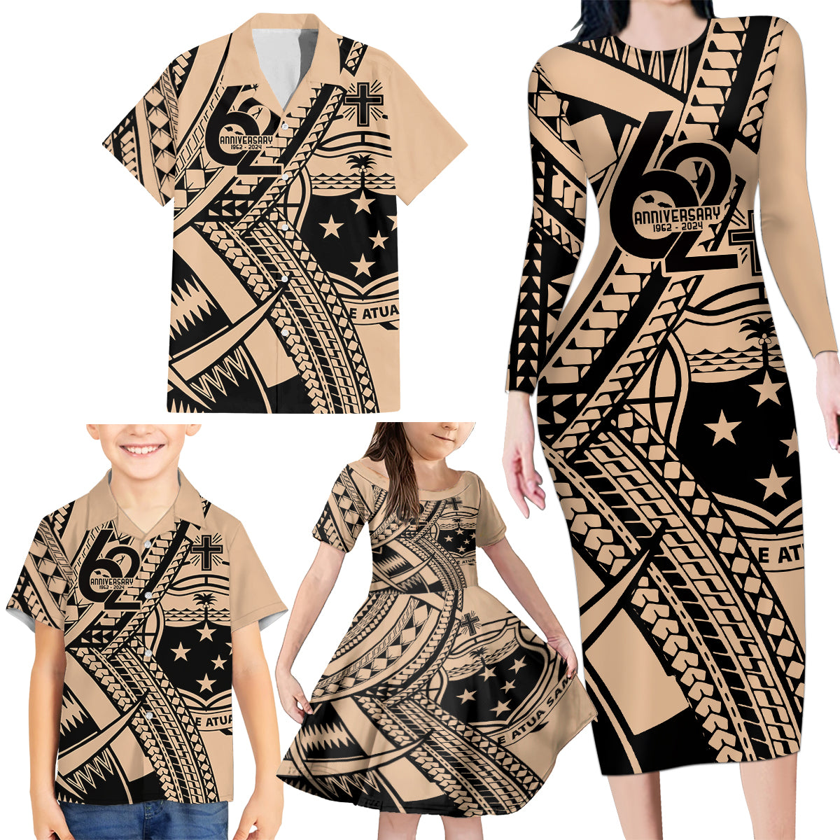 Custom Samoa Manuia le 62 Tausaga O le Tutoatasi Family Matching Long Sleeve Bodycon Dress and Hawaiian Shirt Samoan Tatau Beige Art LT9 - Polynesian Pride