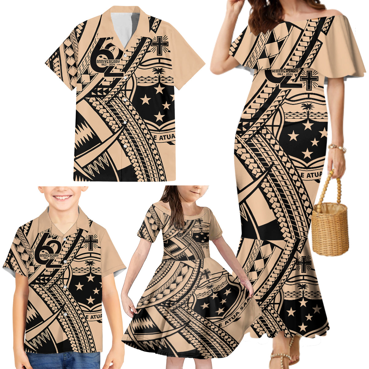 Custom Samoa Manuia le 62 Tausaga O le Tutoatasi Family Matching Mermaid Dress and Hawaiian Shirt Samoan Tatau Beige Art LT9 - Polynesian Pride