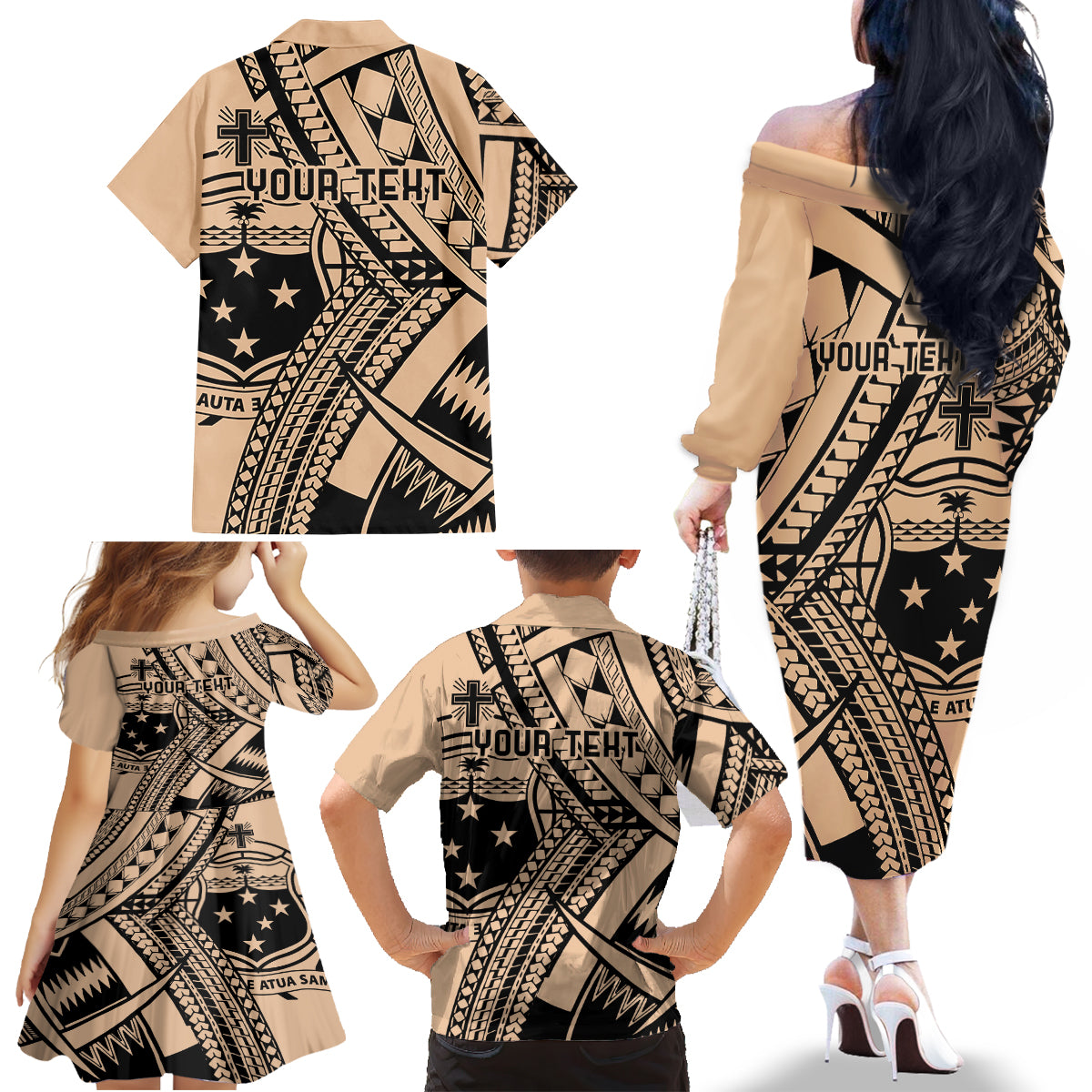 Custom Samoa Manuia le 62 Tausaga O le Tutoatasi Family Matching Off The Shoulder Long Sleeve Dress and Hawaiian Shirt Samoan Tatau Beige Art LT9 - Polynesian Pride