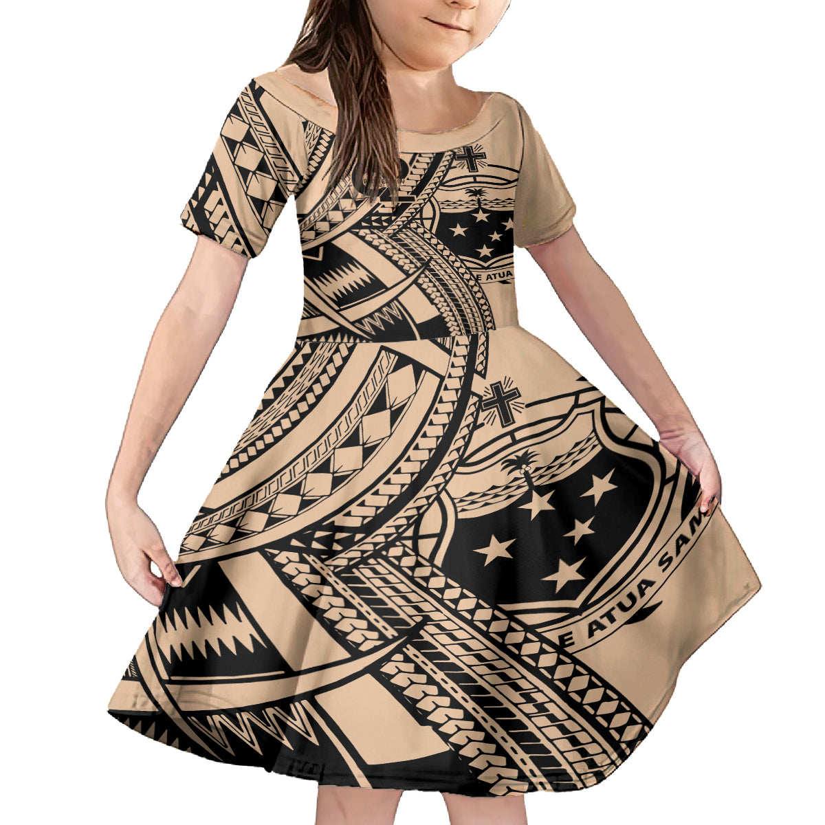 Custom Samoa Manuia le 62 Tausaga O le Tutoatasi Family Matching Off Shoulder Maxi Dress and Hawaiian Shirt Samoan Tatau Beige Art LT9 Daughter's Dress Beige - Polynesian Pride