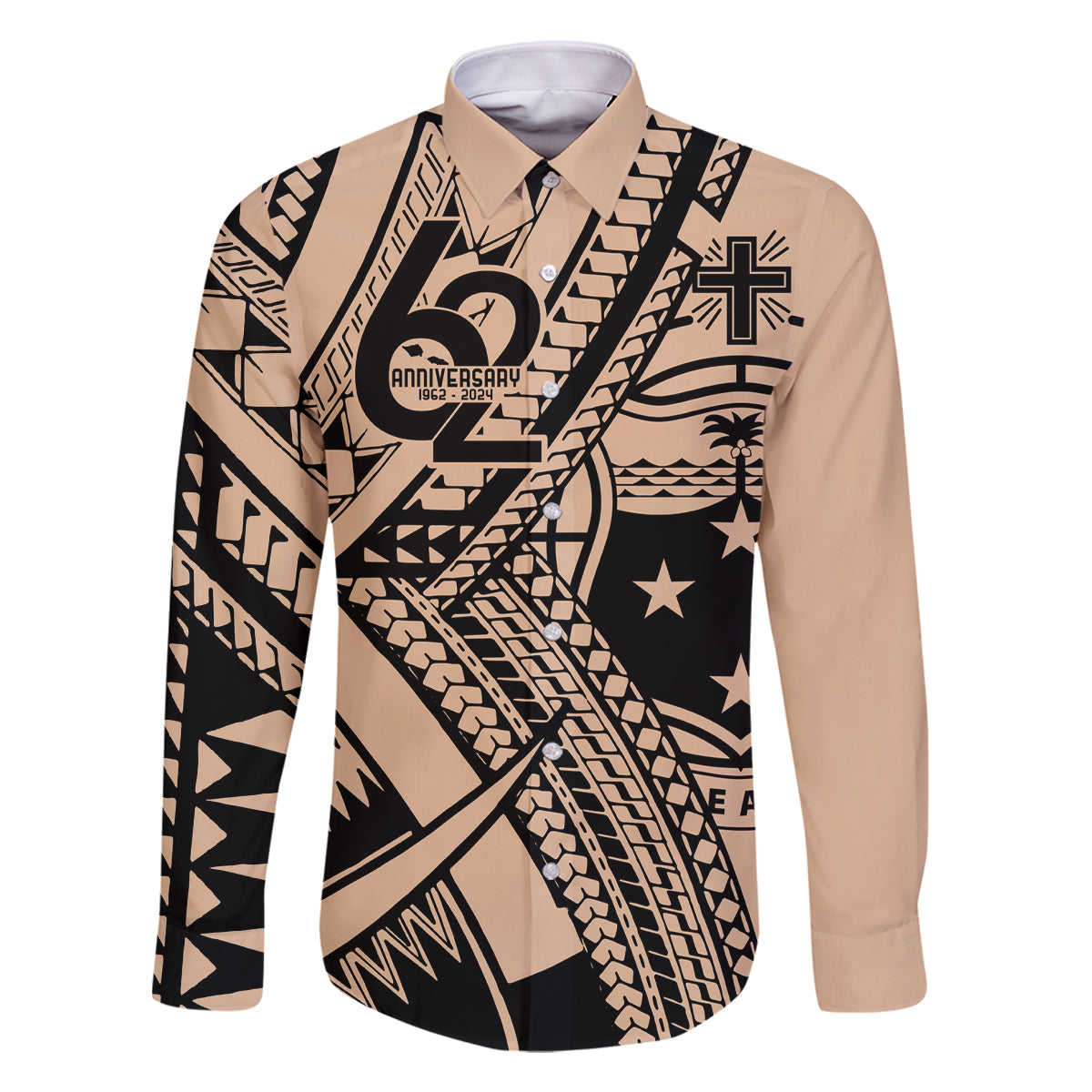 Custom Samoa Manuia le 62 Tausaga O le Tutoatasi Family Matching Off Shoulder Maxi Dress and Hawaiian Shirt Samoan Tatau Beige Art LT9 Dad's Shirt - Long Sleeve Beige - Polynesian Pride
