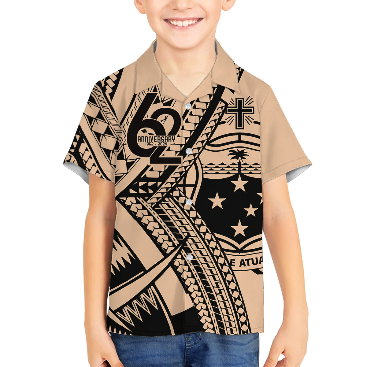 Custom Samoa Manuia le 62 Tausaga O le Tutoatasi Family Matching Off Shoulder Maxi Dress and Hawaiian Shirt Samoan Tatau Beige Art LT9 Son's Shirt Beige - Polynesian Pride