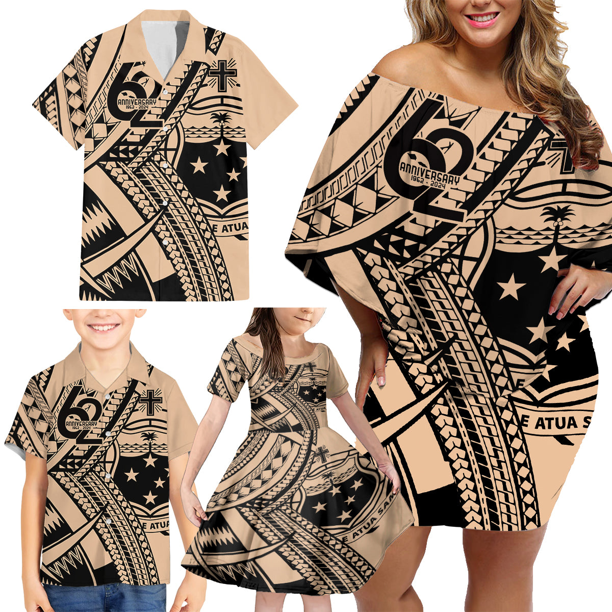 Custom Samoa Manuia le 62 Tausaga O le Tutoatasi Family Matching Off Shoulder Short Dress and Hawaiian Shirt Samoan Tatau Beige Art LT9 - Polynesian Pride