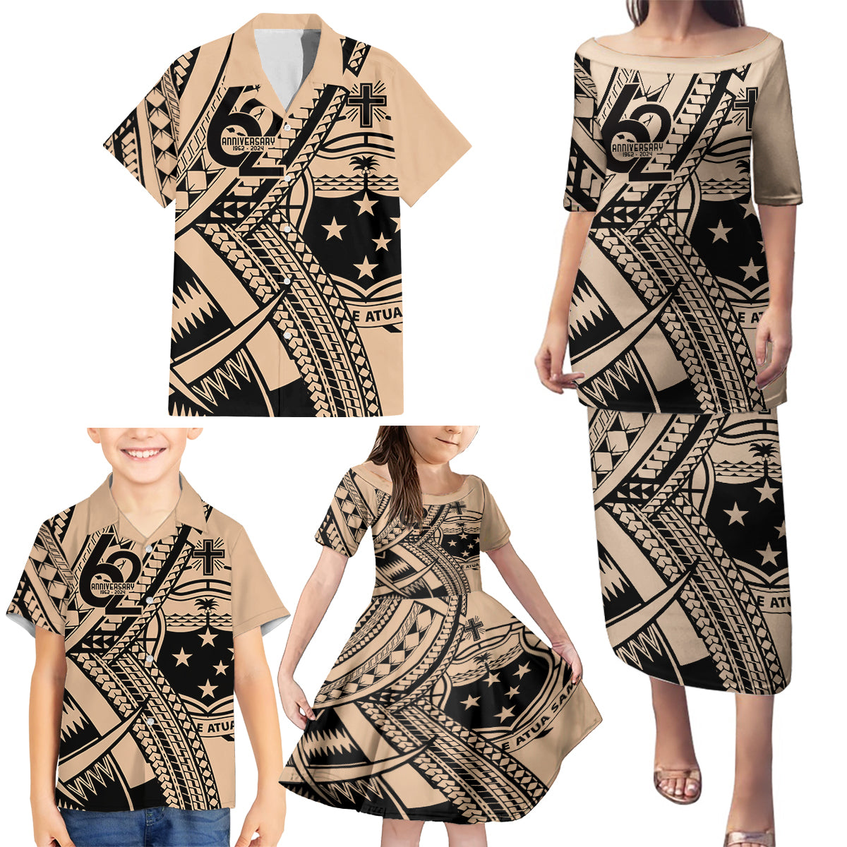 Custom Samoa Manuia le 62 Tausaga O le Tutoatasi Family Matching Puletasi and Hawaiian Shirt Samoan Tatau Beige Art LT9 - Polynesian Pride