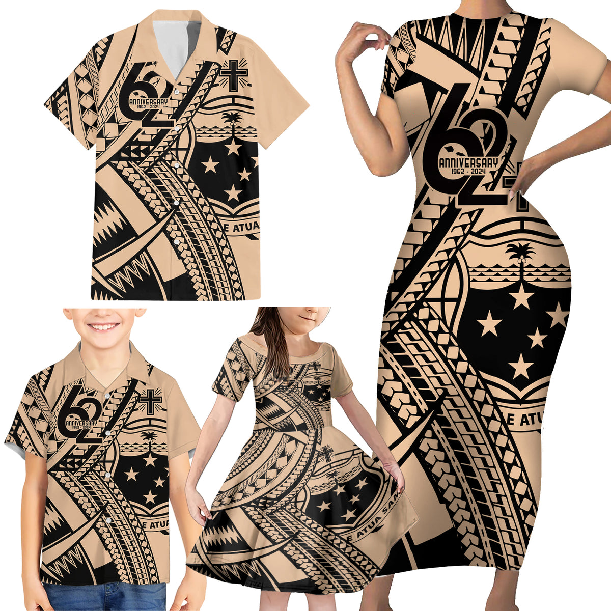 Custom Samoa Manuia le 62 Tausaga O le Tutoatasi Family Matching Short Sleeve Bodycon Dress and Hawaiian Shirt Samoan Tatau Beige Art LT9 - Polynesian Pride