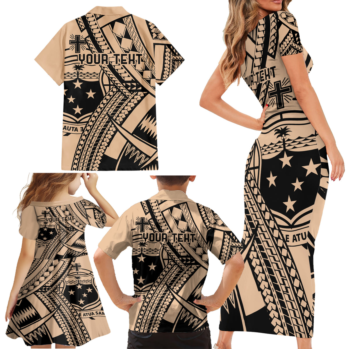 Custom Samoa Manuia le 62 Tausaga O le Tutoatasi Family Matching Short Sleeve Bodycon Dress and Hawaiian Shirt Samoan Tatau Beige Art LT9 - Polynesian Pride