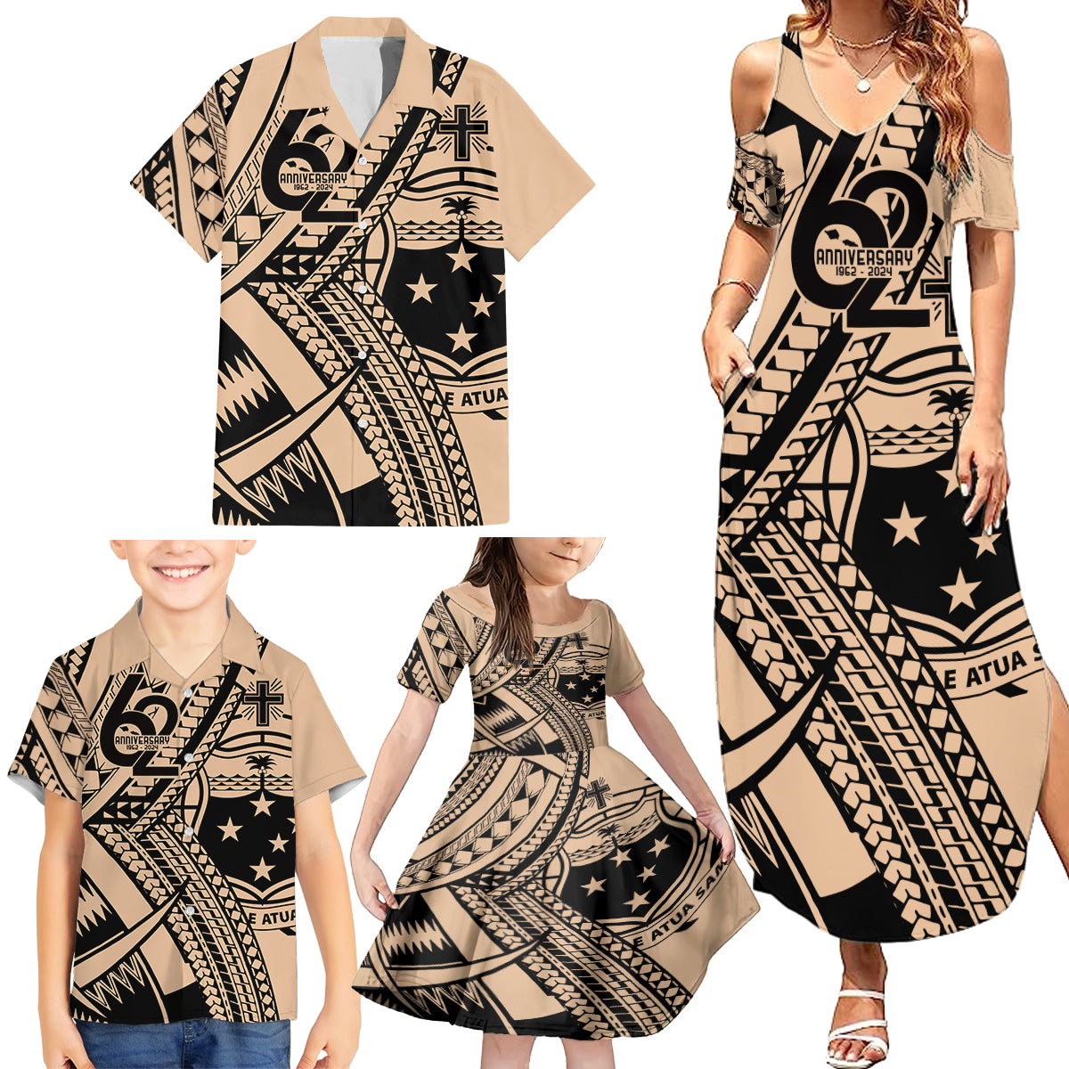 Custom Samoa Manuia le 62 Tausaga O le Tutoatasi Family Matching Summer Maxi Dress and Hawaiian Shirt Samoan Tatau Beige Art LT9 - Polynesian Pride