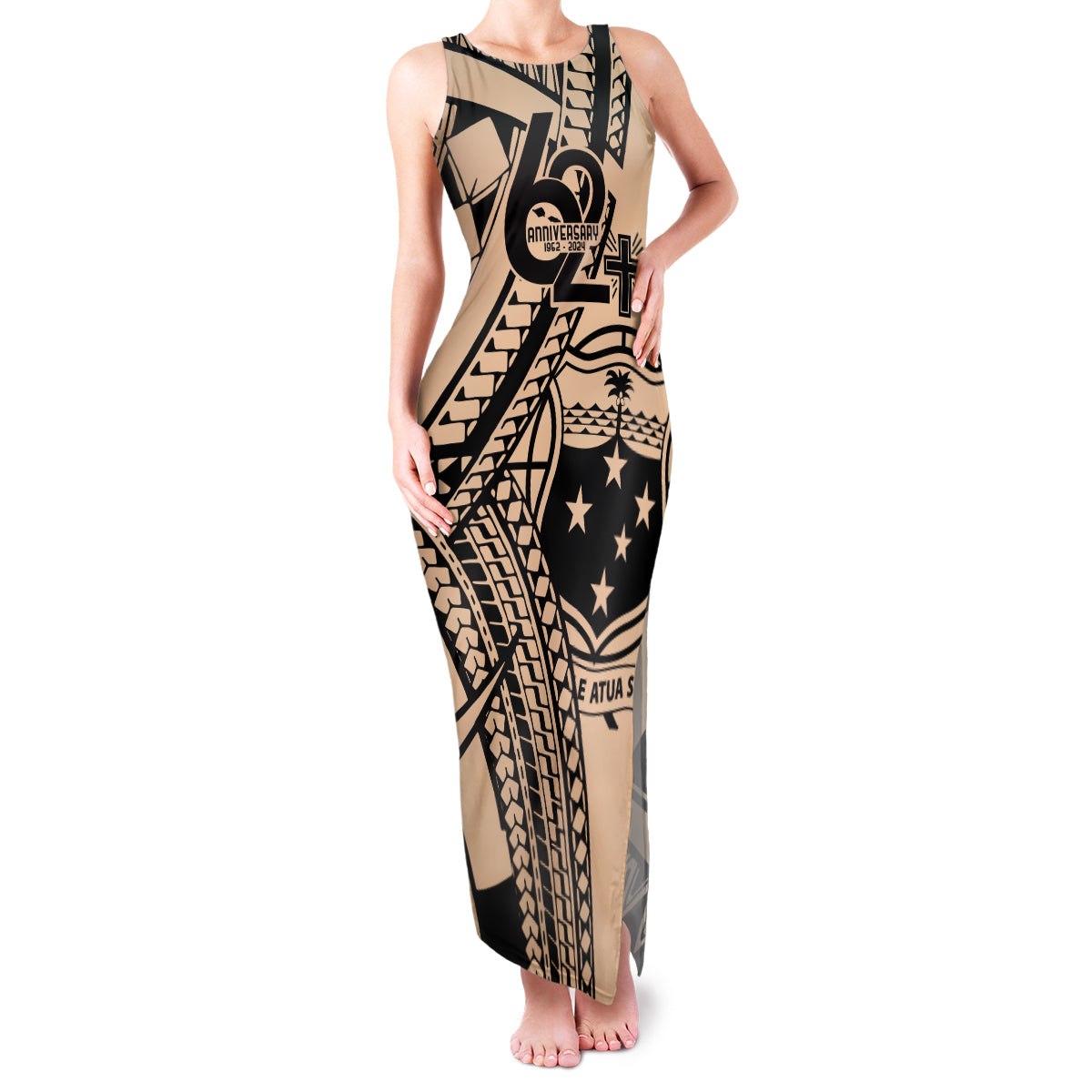 Custom Samoa Manuia le 62 Tausaga O le Tutoatasi Family Matching Tank Maxi Dress and Hawaiian Shirt Samoan Tatau Beige Art LT9 Mom's Dress Beige - Polynesian Pride