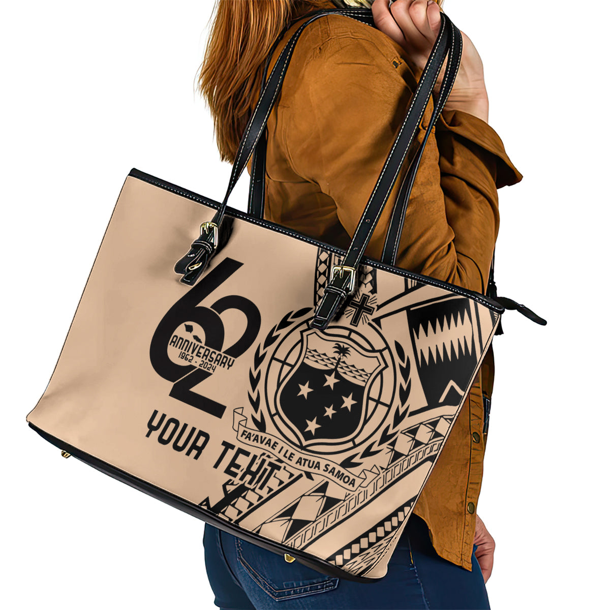 Custom Samoa Manuia le 62 Tausaga O le Tuto’atasi Leather Tote Bag Samoan Tatau Beige Art