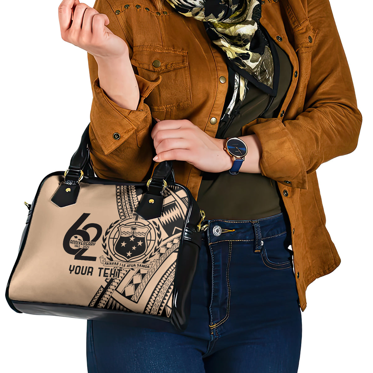 Custom Samoa Manuia le 62 Tausaga O le Tuto’atasi Shoulder Handbag Samoan Tatau Beige Art