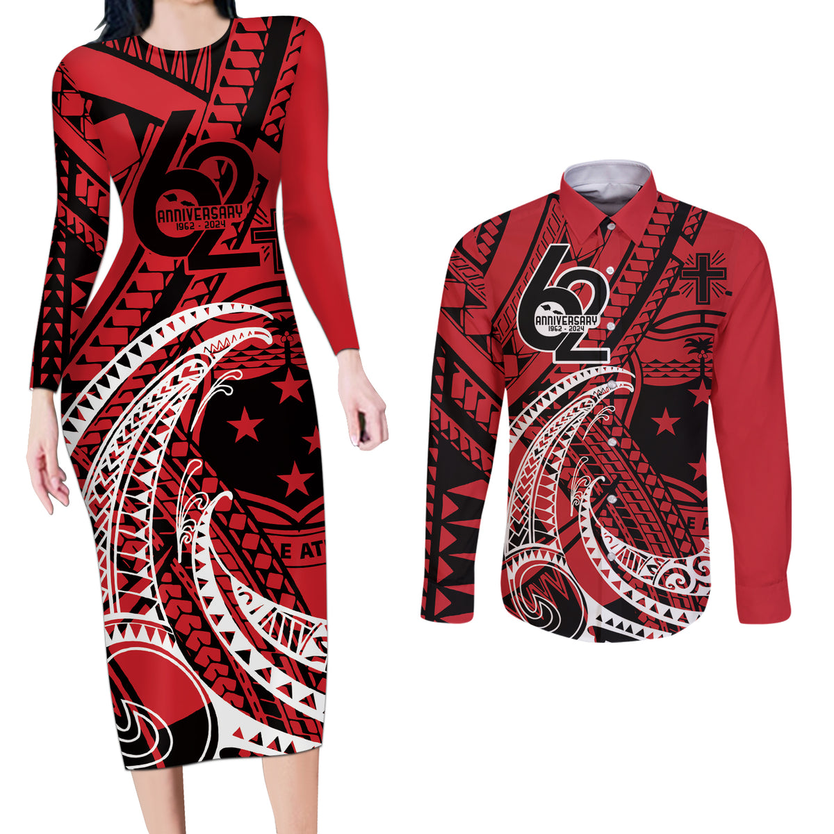Custom Samoa Manuia le 62 Tausaga O le Tutoatasi Couples Matching Long Sleeve Bodycon Dress and Long Sleeve Button Shirt Samoan Tatau Red Art LT9 Red - Polynesian Pride