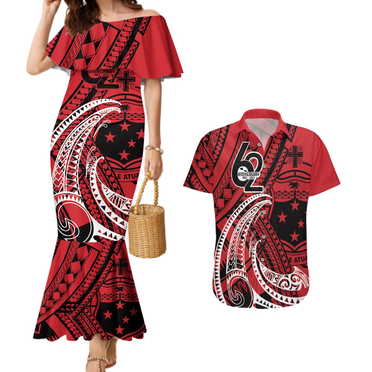 Custom Samoa Manuia le 62 Tausaga O le Tuto’atasi Couples Matching Mermaid Dress and Hawaiian Shirt Samoan Tatau Red Art