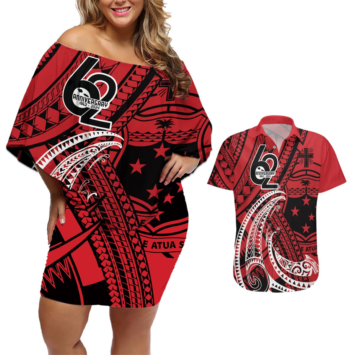 Custom Samoa Manuia le 62 Tausaga O le Tutoatasi Couples Matching Off Shoulder Short Dress and Hawaiian Shirt Samoan Tatau Red Art LT9 Red - Polynesian Pride