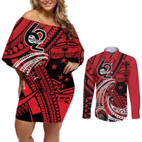 Custom Samoa Manuia le 62 Tausaga O le Tutoatasi Couples Matching Off Shoulder Short Dress and Long Sleeve Button Shirt Samoan Tatau Red Art LT9 Red - Polynesian Pride