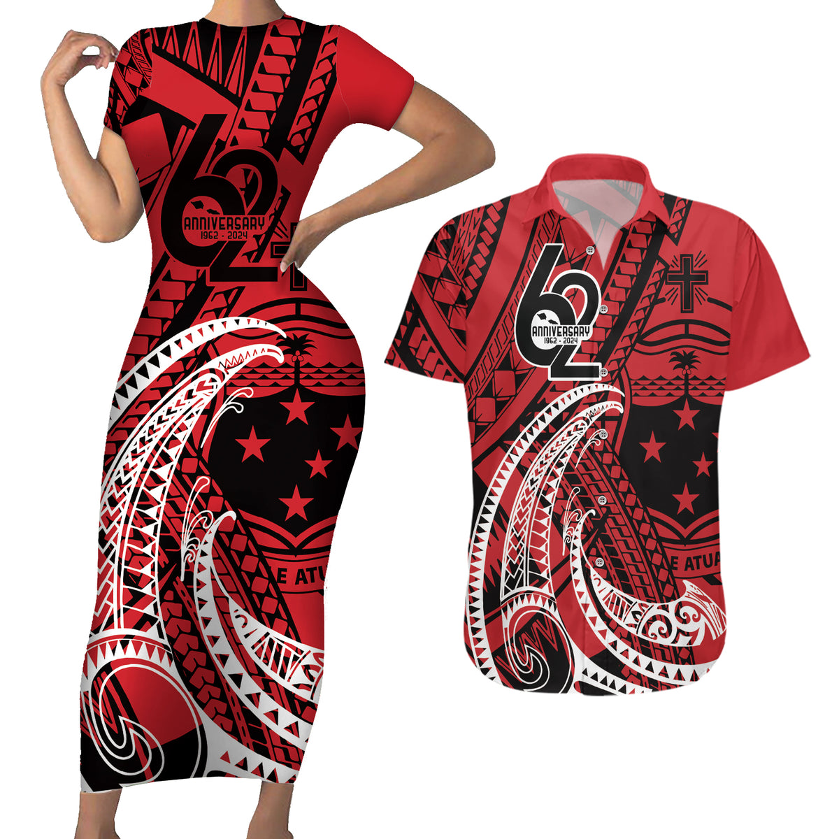Custom Samoa Manuia le 62 Tausaga O le Tutoatasi Couples Matching Short Sleeve Bodycon Dress and Hawaiian Shirt Samoan Tatau Red Art LT9 Red - Polynesian Pride