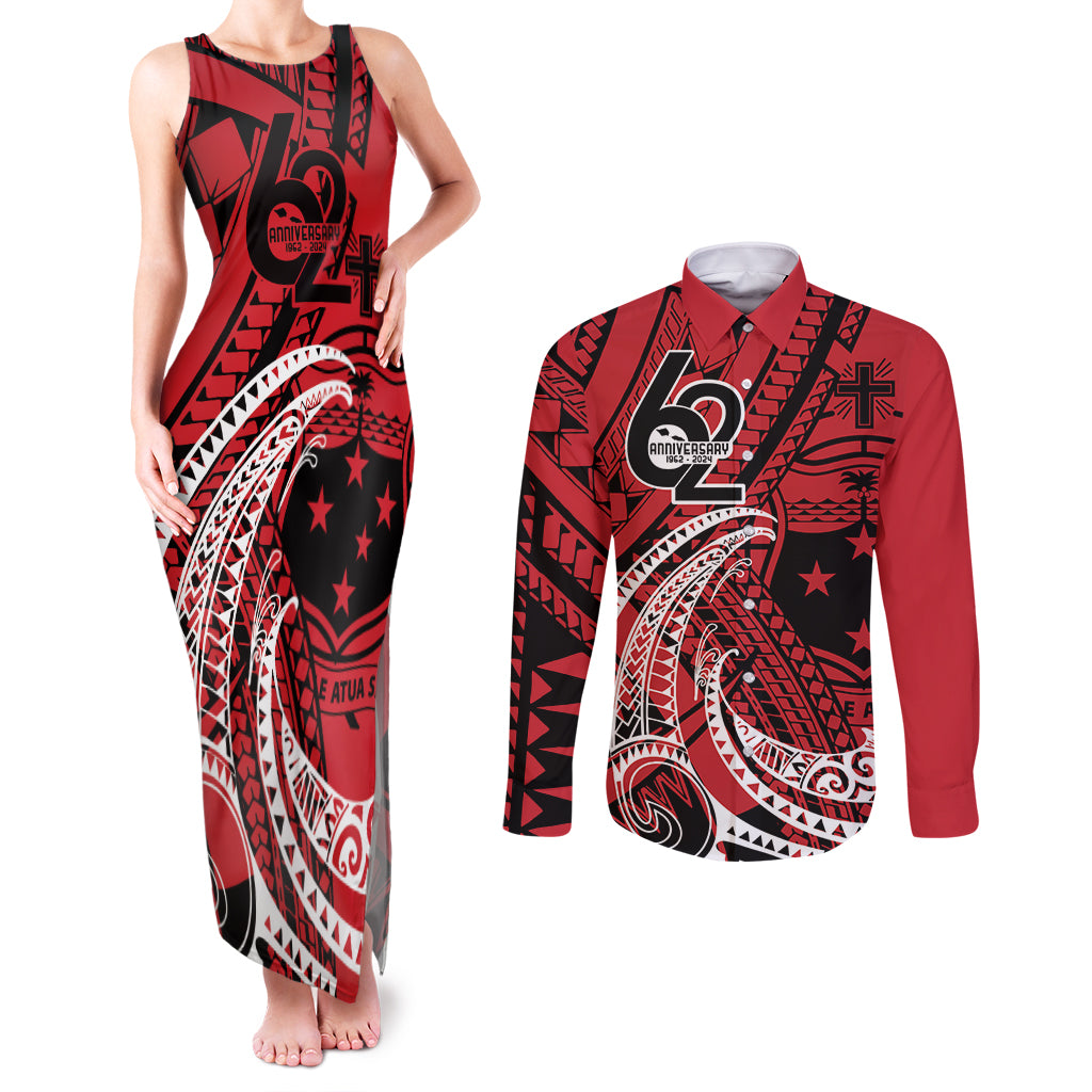 Custom Samoa Manuia le 62 Tausaga O le Tutoatasi Couples Matching Tank Maxi Dress and Long Sleeve Button Shirt Samoan Tatau Red Art LT9 Red - Polynesian Pride