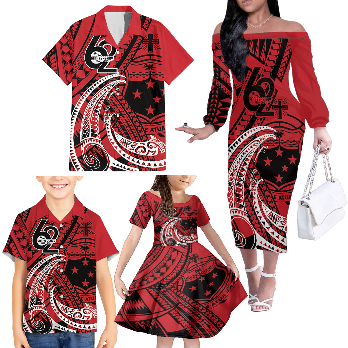 Custom Samoa Manuia le 62 Tausaga O le Tutoatasi Family Matching Off The Shoulder Long Sleeve Dress and Hawaiian Shirt Samoan Tatau Red Art LT9 - Polynesian Pride