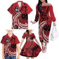 Custom Samoa Manuia le 62 Tausaga O le Tutoatasi Family Matching Off The Shoulder Long Sleeve Dress and Hawaiian Shirt Samoan Tatau Red Art LT9 - Polynesian Pride